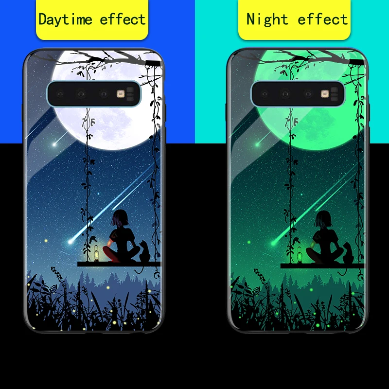 Чехол в виде светящегося стекла для samsung Galaxy S8, S9, S10, A7, A8 Plus, роскошная светящаяся задняя крышка, чехол для samsung Note 8, 9 - Цвет: Girl under the moon