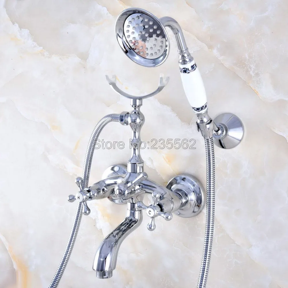 Bathroom Chrome Wall Mounted Bathtub Faucet Dual Ceramic Handle Shower Mixer Tap with Handheld Spray lna764 | Обустройство дома
