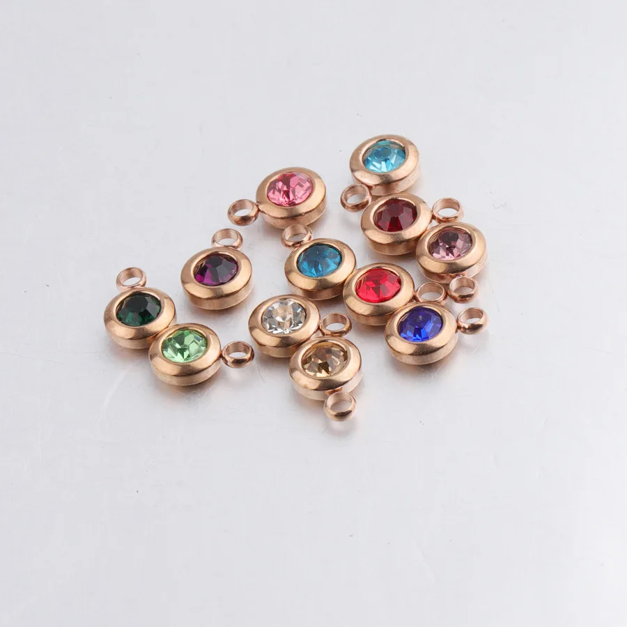 

Rose Gold Stainless Steel 6.5mm Colorful Crystal Birthstone Charms For Jewelry Geboortestenen Wholesale Price 60pcs/lot