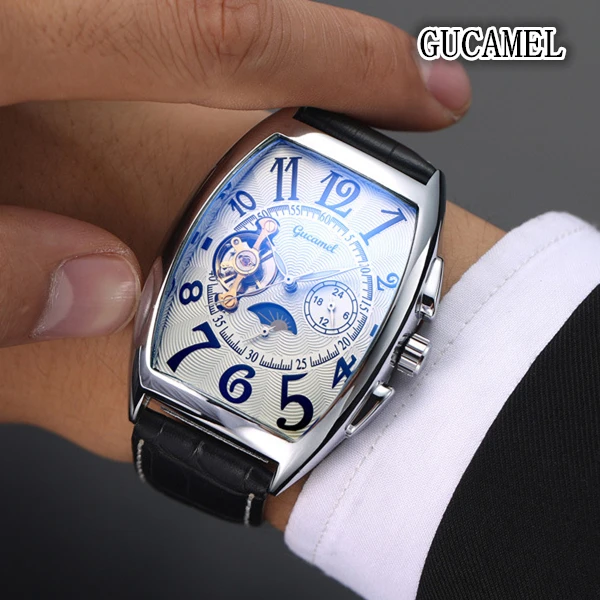GUCAMEL Tourbillon Платье Мужские часы в деловом стиле Роскошные Tonneau деловые для мужчин