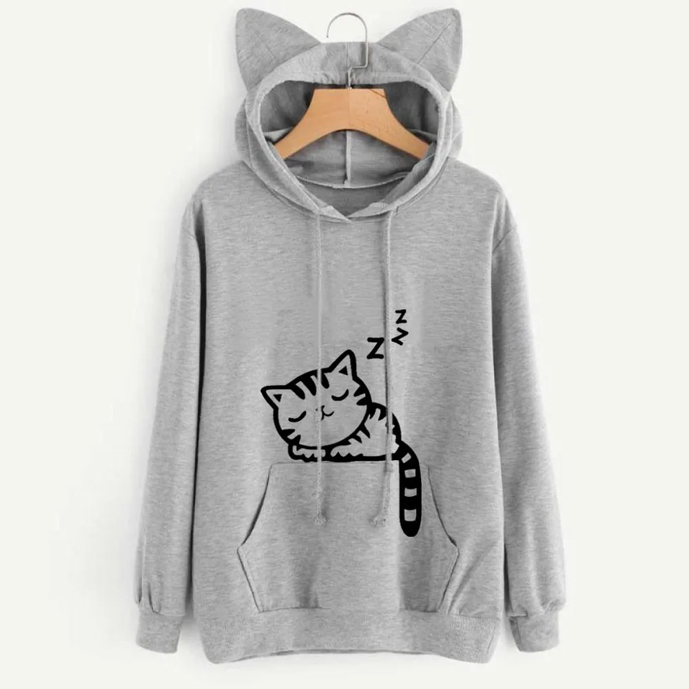 Harajuku Women Hoodies Sweatshirt Kawaii Winter Cat Pattern Long Sleeve Hooded Sweatshirts Ear Hooed Mujer