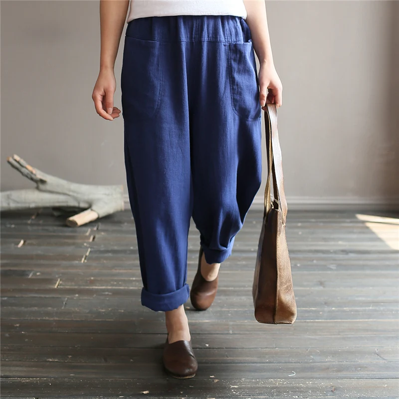 Johnature женские хлопковые льняные повседневные брюки с эластичной резинкой на