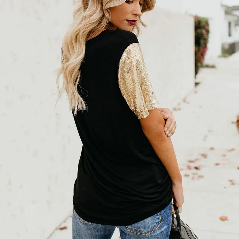 Poleras de mujer 2019 Новая летняя модная женская футболка с пайетками футболки короткими