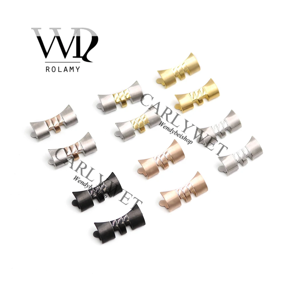 Rolamy 13 17 19 20 22mm New Stainless Steel Silver WatchBand Bracelet Middle polished Curved end Parts 2pcs for strap Rolex
