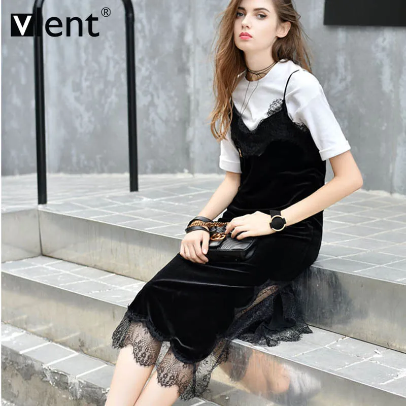 Vlent Sexy Lace Soft Velvet Slip Dress Cami 2017 Deep V Neck Side Split Party Dresses Vintage Women Black Sleeveless Long | Женская