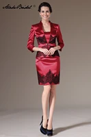 real photos new elegant above knee strapless burgundy satin black lace short mother of the bride dresses with jacket