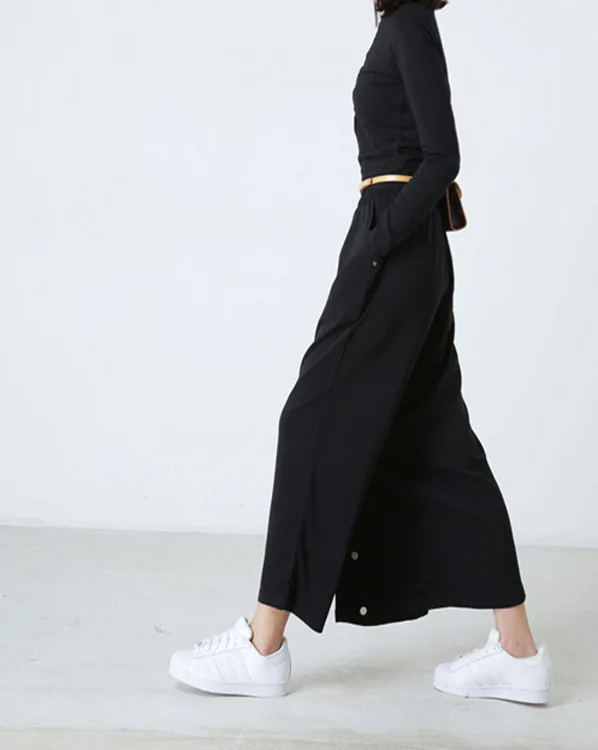 Асимметричные 2017 летние модные широкие брюки с высокой талией женские черные два