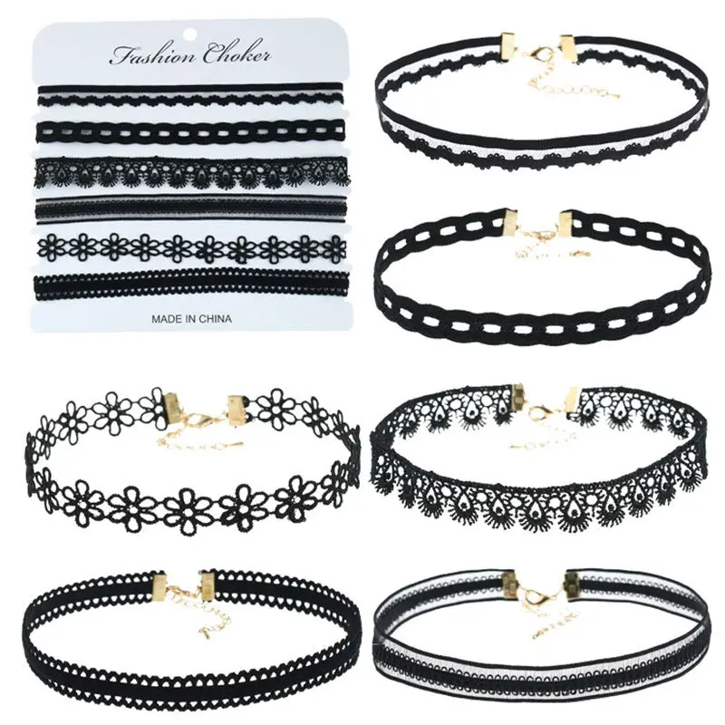 Black Velvet Choker For Women 6 Style/set Belt Multilayer Necklaces Lace Up Tattoo Gothic Girl Lady's Fashion Jewelry | Украшения и
