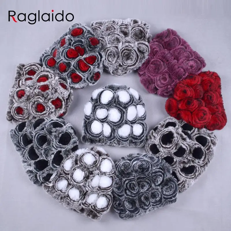 

Fashion Floral Winter Caps for Girls Real Fur Knitting Cap Current Femininity Rex Fur Hat Rabbit Beanies Braid Hats LQ11168