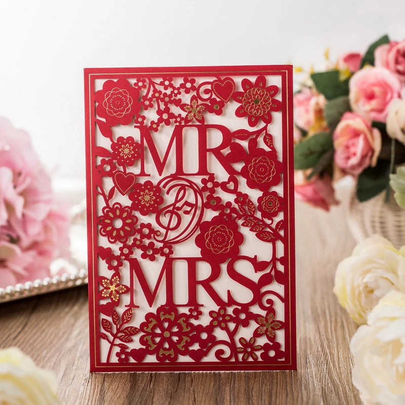 

50pcs Red Laser Cut Wedding Invitations Card Mr&Mrs Elegant Greeting Cards Customize Envelopes Wedding Party Favor Decoration
