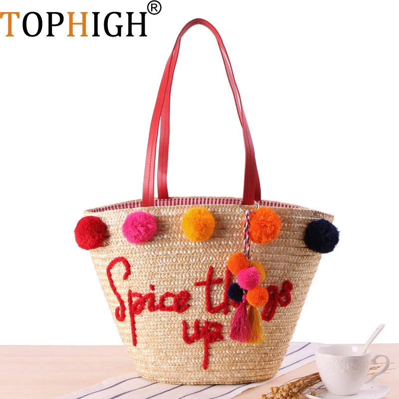 Женская летняя пляжная сумка TOPHIGH с помпоном и кисточкой большая женская тоут