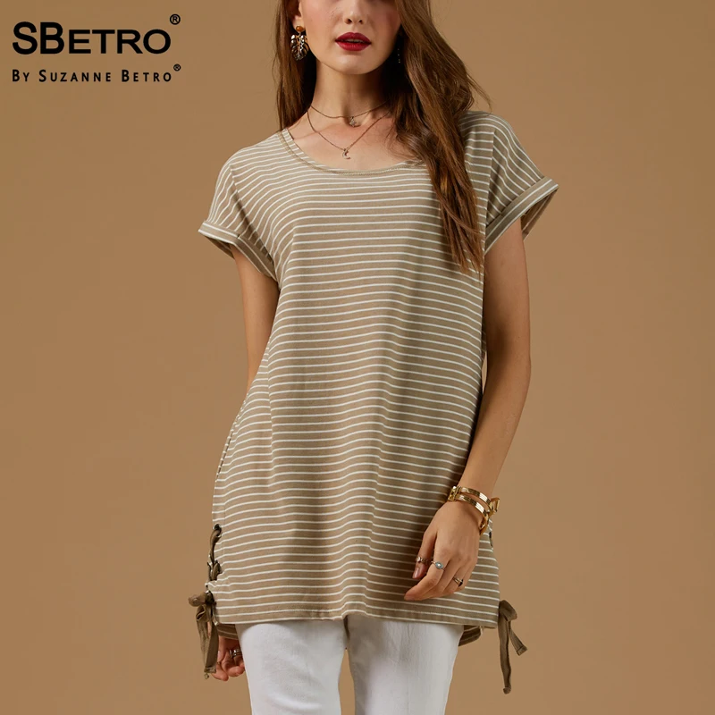 SBetro Stripe Female T-shirts Taupe Side Lacing Scoopneck Cap Sleeve Fashion Tunic Casual Summer Women Tops Tee | Женская одежда