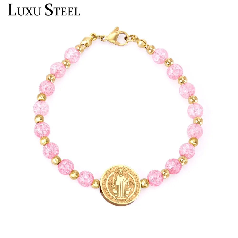 LUXUSTEEL baby bangle bracelet Pink Crystal Beaded Bracelets Stainless Steel Round Jesu Pendants Women Accessories Party | Украшения и