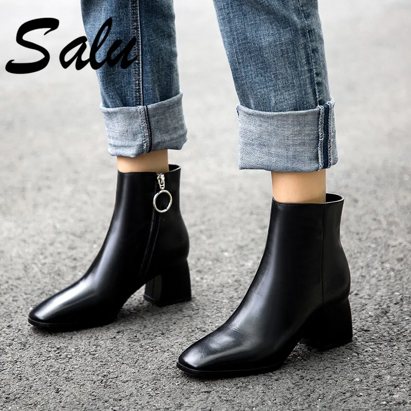 

Salu Genuine Leather Winter Women Brand Ankle Boots Style Round Toe Vintage Design Gladiator Oxfords Chelsea Boots