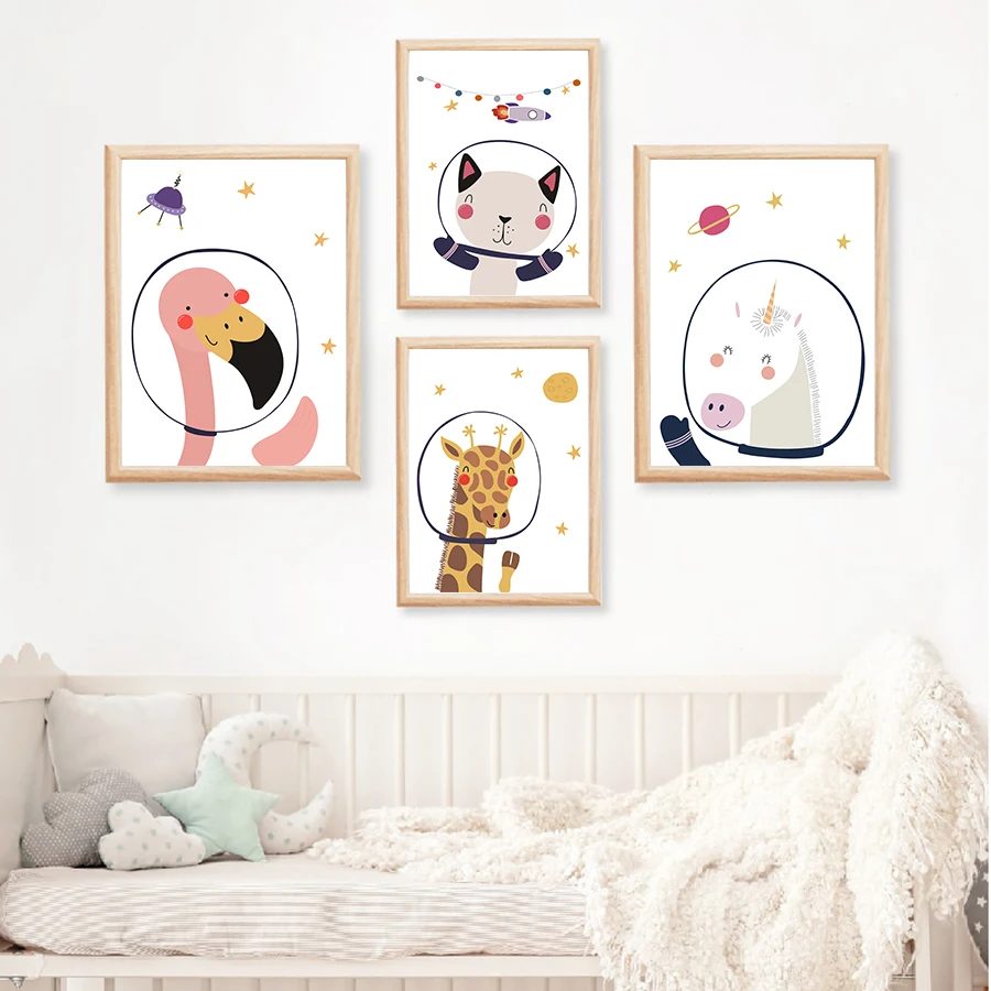 Детские Wall Art Изображение из мультфильма Животные космонавта холст для живописи