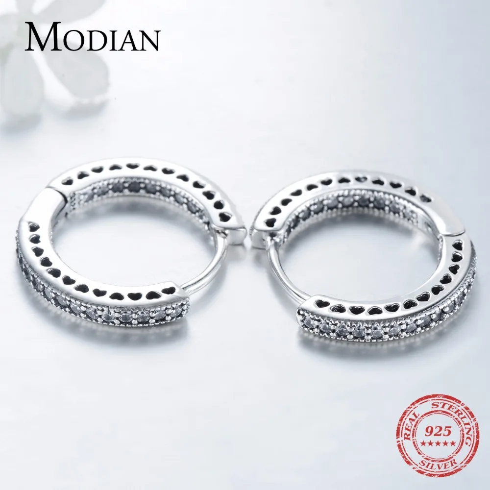 Modian, настоящее 925 пробы, серебряные классические серьги-кольца с сердечками, роскошные кубические циркония, модные украшения для женщин, свадебный подарок