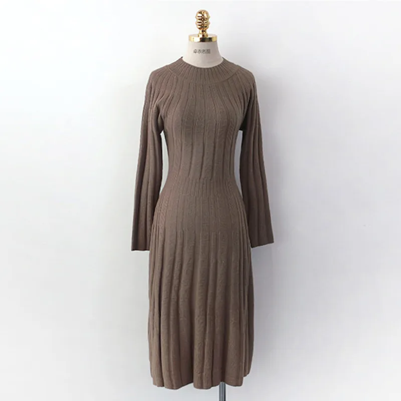 

Autumn Winter Thick Knitted Dress Long Sleeve Women Slim Pleated Long Sweater Dress Midi Length robe femme