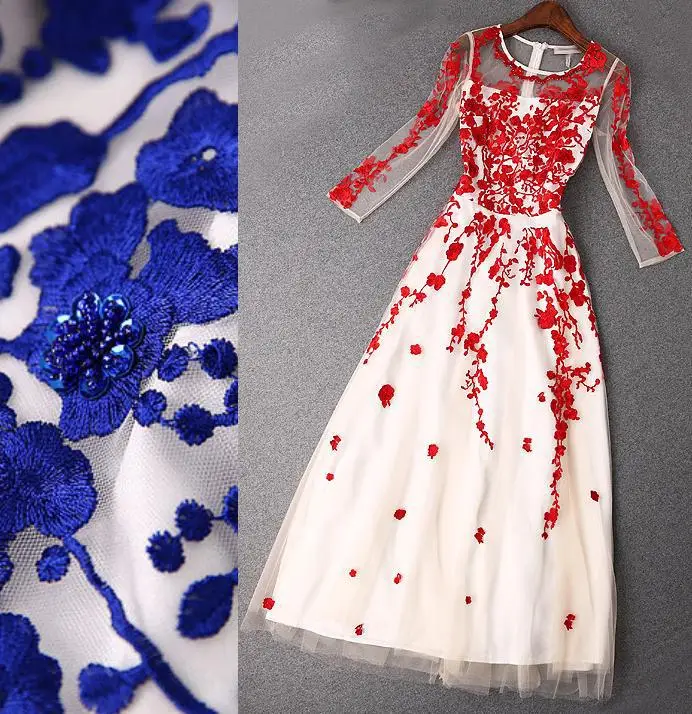 Женское газовое платье длинное бальное с вышивкой рукавом 2016 для свадьбы и