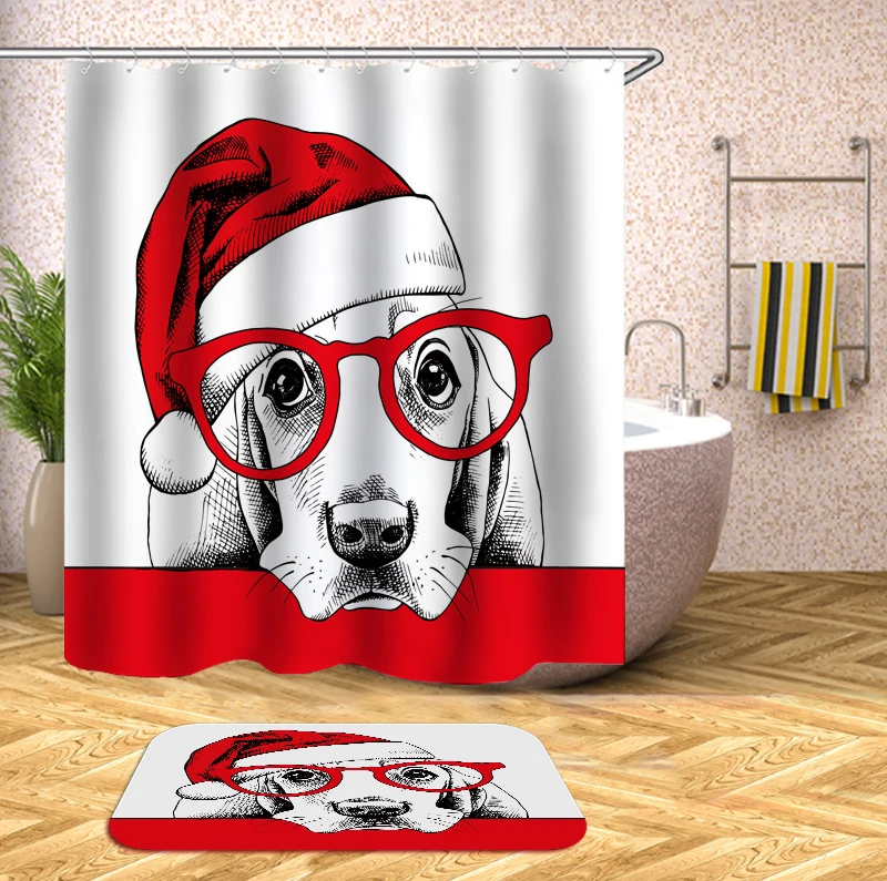 Фото Собака Рождественская душевая шторка занавеска для ванной занавески полиэстер