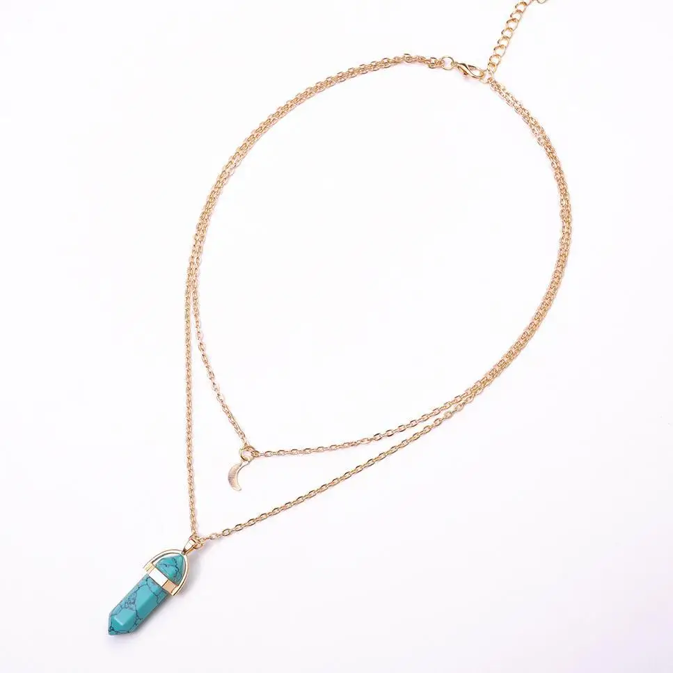

Double Chain Natural Stone Pendant Necklace Fashion Multi Layer Gold Moon Necklace For Women Minimalist Jewelry Gift