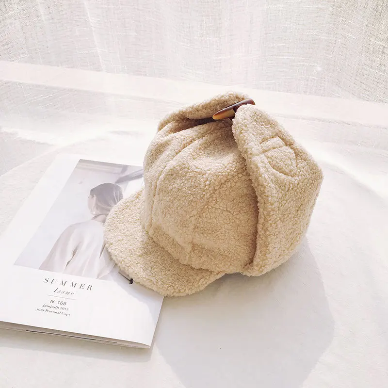 Зимняя шерстяная шапка бомбер искусственная овечья кашемировая утепленная