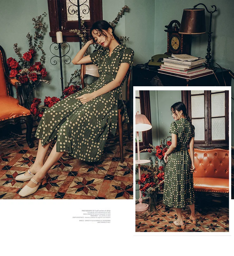 Женское платье длинное повседневное летнее зеленое в горошек из шифона | Женская