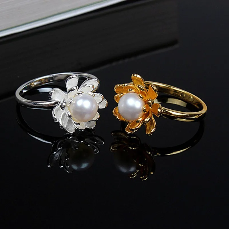 

S925 Lotus Open End Ring Imitation Pearls Anel Elegant Rings For Women Sterling Vintage Fine Jewelry Love-138