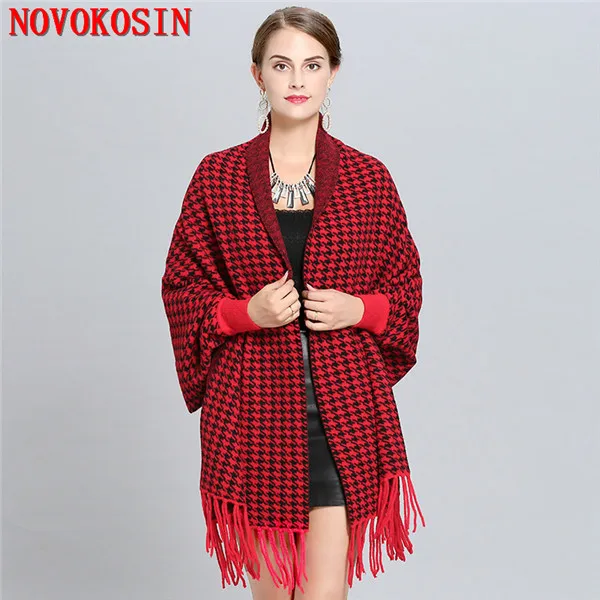 Same Color As Photos SC245 Женский вязаный вельветовый кардиган в клетку, плотное пончо, узор «гусиная лапка», осенне-зимняя шаль, Повседневный плащ с открытой строчкой - Цвет: Same Color As Photos