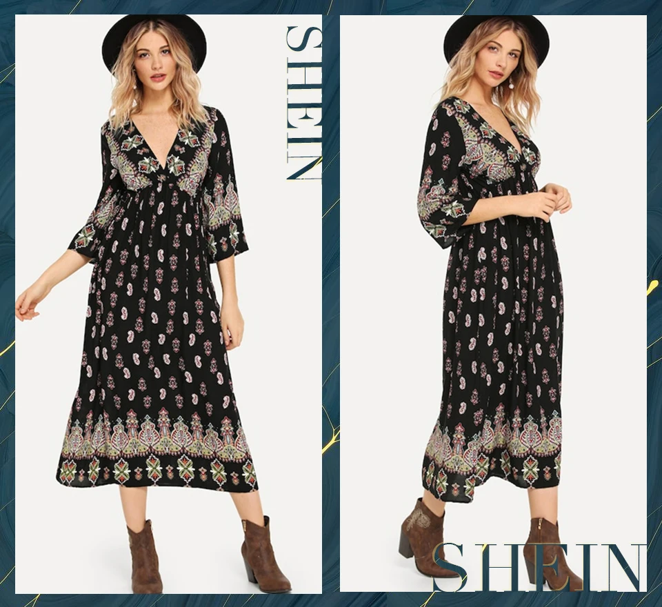 SHEIN Платье С Глубоким Вырезом В Стиле Бохо, Длинное Платье С V-Образным Вырезом