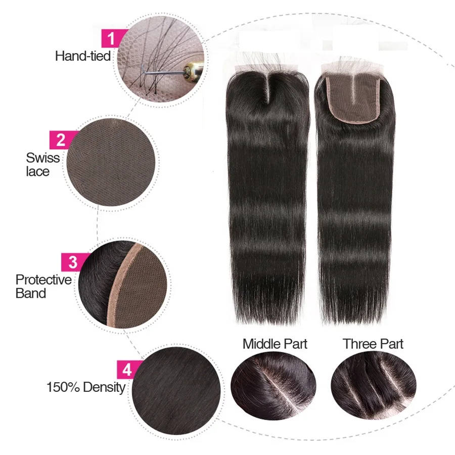 3 пучка с закрытием человеческих волос пучки бразильские прямые Remy Oxeye девушка |