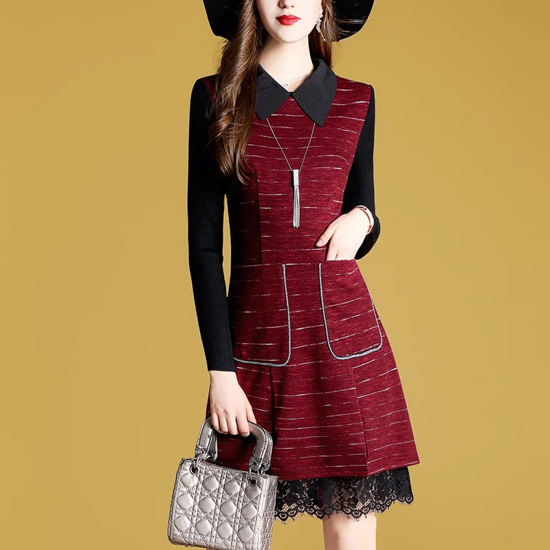 Women's Clothing 2018 New Autumn Fashion Pocket Knitting Lace Patchwork Dress Long Sleeves Peter Pan Collar Dresses Female | Женская