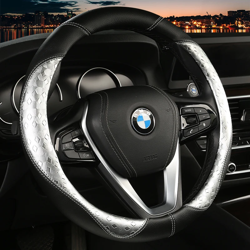 

Carbon Fiber Cowhide Car Steering Wheel Cover 38CM Non-slip Wear-resistant Sweat Absorbing Fashion Sports Steering Wheel Cover