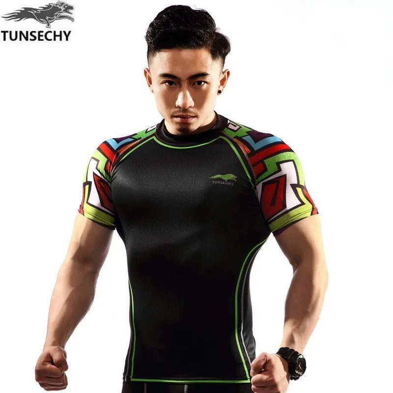 Модная брендовая компрессионная футболка TUNSECHY с коротким рукавом и круглым