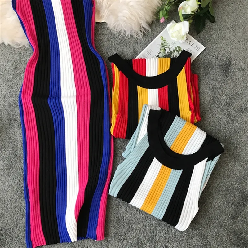Женское трикотажное платье Sanishroly длинное облегающее в полоску с лямкой на шее