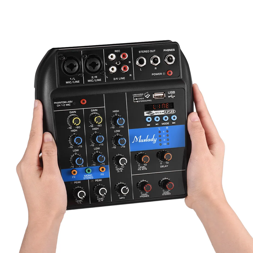 Muslady S-1 4-х канальный BT микшерный пульт Цифровой аудио смеситель встроенный эффекты реверберации+ 48V Phantom Мощность 2-полосным эквалайзером DC 5 V-12 V