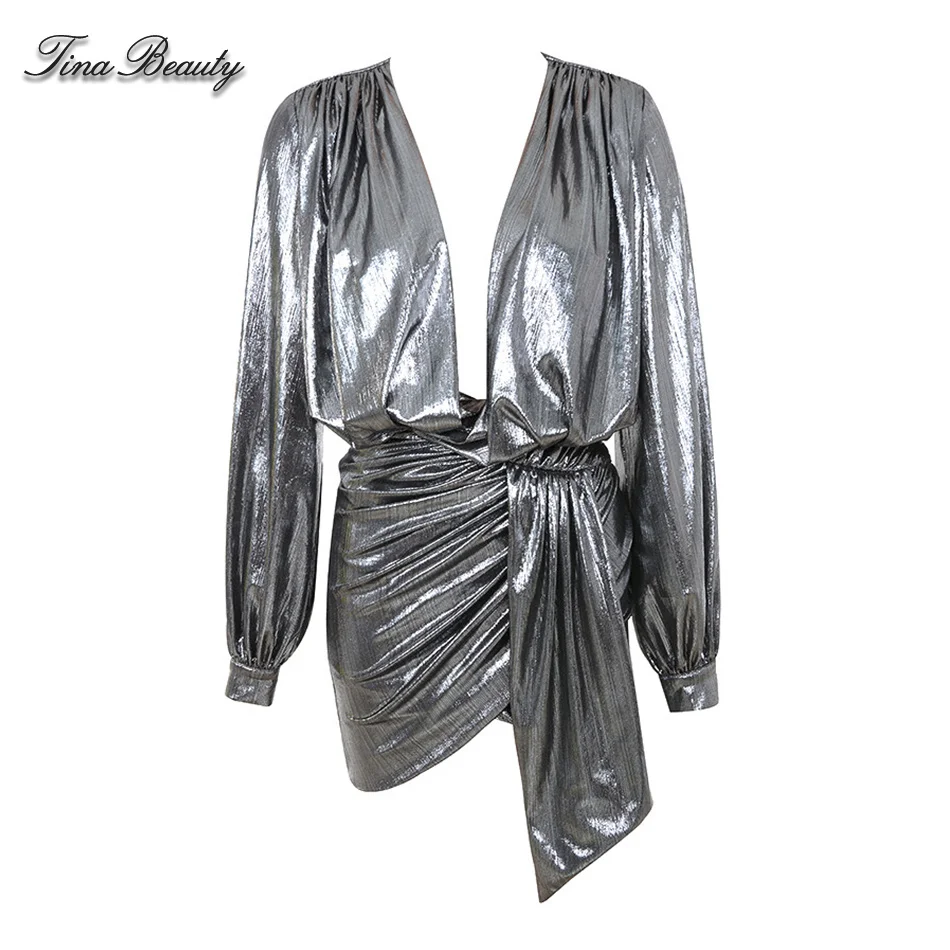 Женское блестящее мини платье с длинным рукавом и глубоким V образным