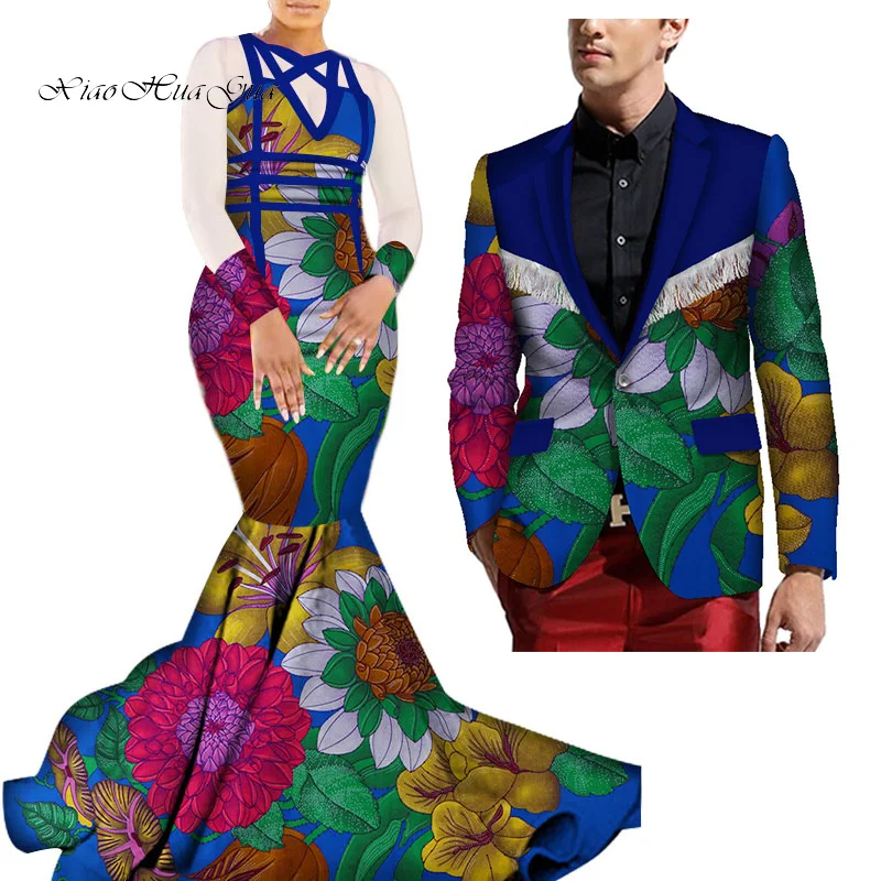 15 African Mermaid Bazin Riche Dresses for Couples Dashiki African Couple Clothing Women's Dress+Men's Blazer 2 Pieces Set WYQ275 - Color: 15