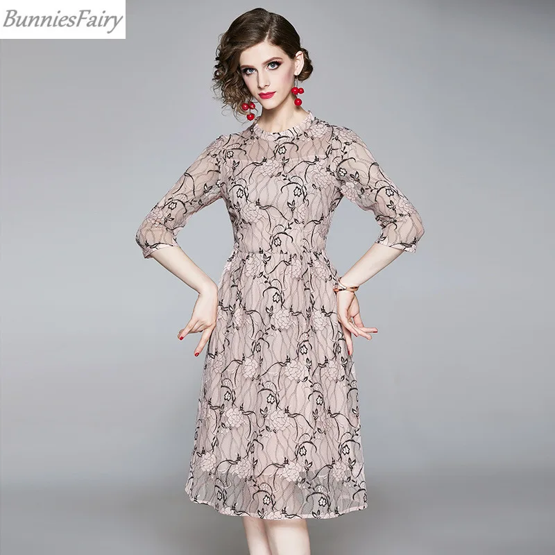 BunniesFairy 2019 осеннее уличное женское элегантное Кружевное платье миди с цветочной