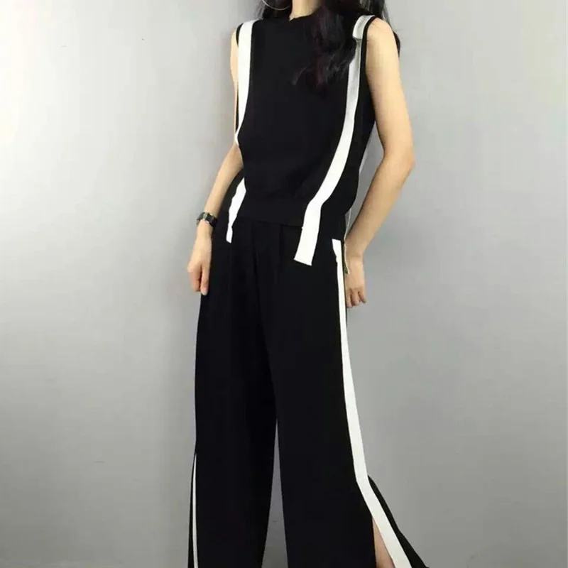 CHICEVER 2017 Summer Two Pieces Set Women Slim Sleeveless T shirts +Elastic Waist Split Sexy Casual Plus Size Female Pants|two piece set women|piece