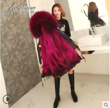 colorfulcoatrosered Толстая цветная Женская парка, парка размера плюс, большая теплая Свободная Женская куртка с воротником из натурального меха енота - Цвет: colorfulcoatrosered