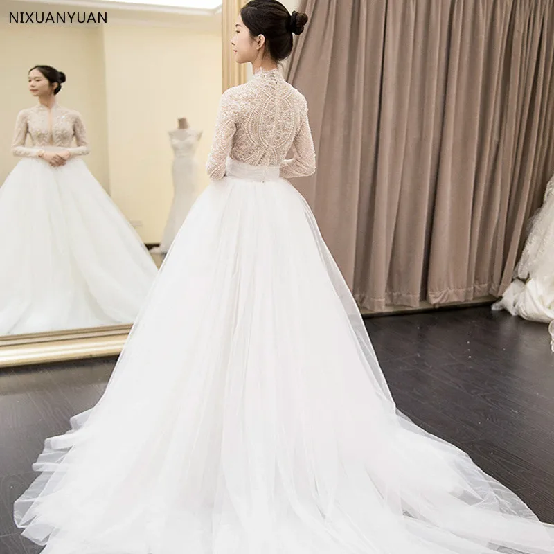 

Fashion Vintage Sweet 2021 Free Shipping Lace White Wedding Dress Long Sleeve Plus Size Bridal Ball Gown Robe de Mariee