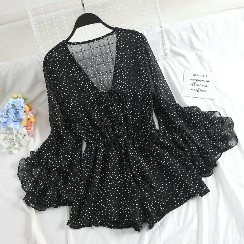 Women Playsuits Женские комбинезоны с v-образным вырезом и расклешенными рукавами в горошек, повседневные Комбинезоны в богемном стиле, облегающие комбинезоны с высокой талией на шнуровке, шифоновые Комбинезоны с оборками - Цвет: Women Playsuits