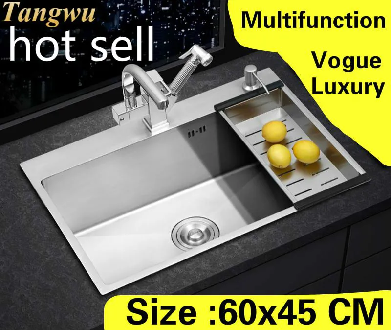 

Free shipping Apartment wash vegetables kitchen manual sink single trough luxury durable 304 stainless steel hot sell 60x45 CM