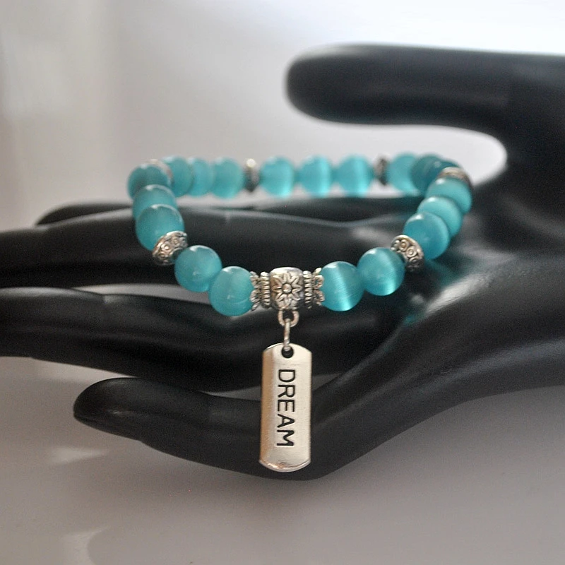 Женский браслет с бусинами из натурального опала 8 мм винтажный посеребренный на