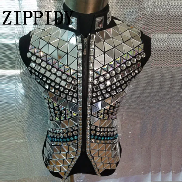 

Fashion Silver Mirror Vest Jacket Male Singer outfit Costume Rhinestones Punk Style Ds Dj Outerwear Nightclub Clothing