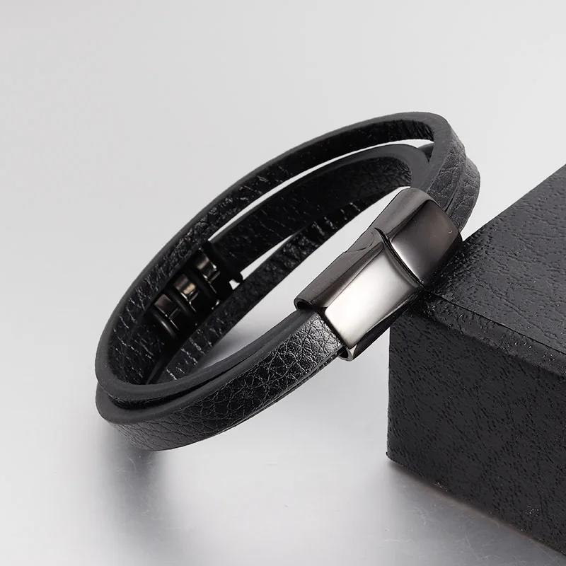 Мужской многослойный браслет из натуральной кожи с магнитной застежкой|Именные