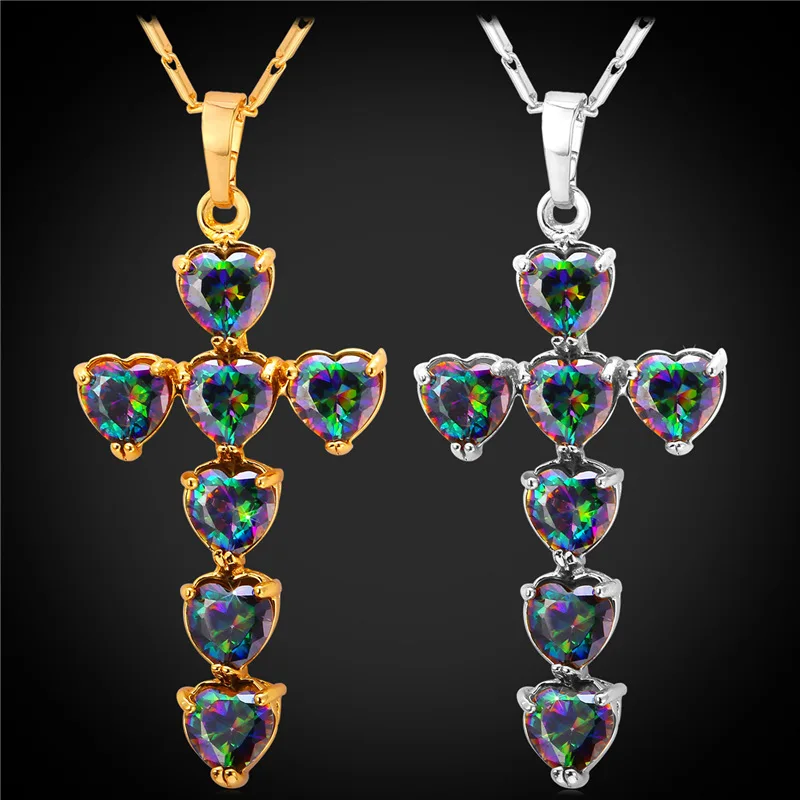 

Cross With Colorful Crystal Zirconia Pendant Necklace Women For Wedding Bridal Gold/Silver Color Necklace Jewelry P163