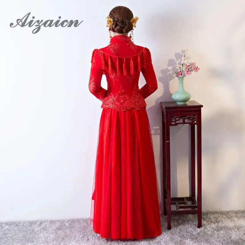 Красный невесты с кисточками Cheongsam Современные длинные платья Qi Pao женское свадебное платье традиционное китайское свадебное платье Qipao Femme