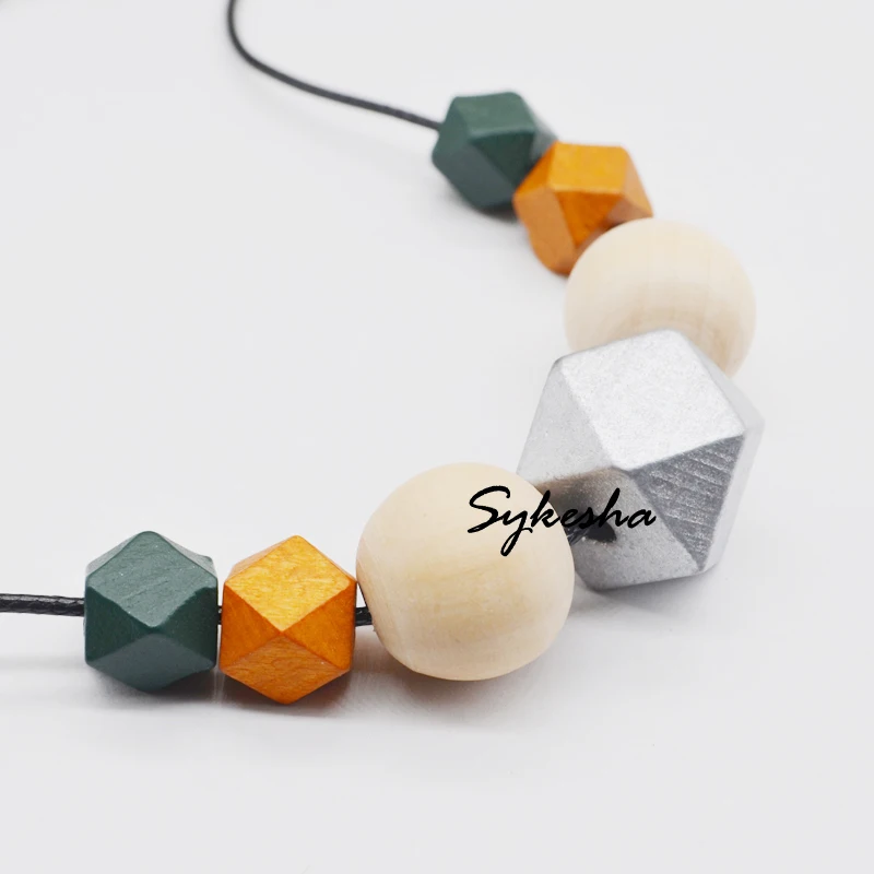  New Hot Selling Wood Geometric Beaded Necklace Chunky Faceted Wooden Beads Wax Cord Colorful Charm Statement | Украшения и
