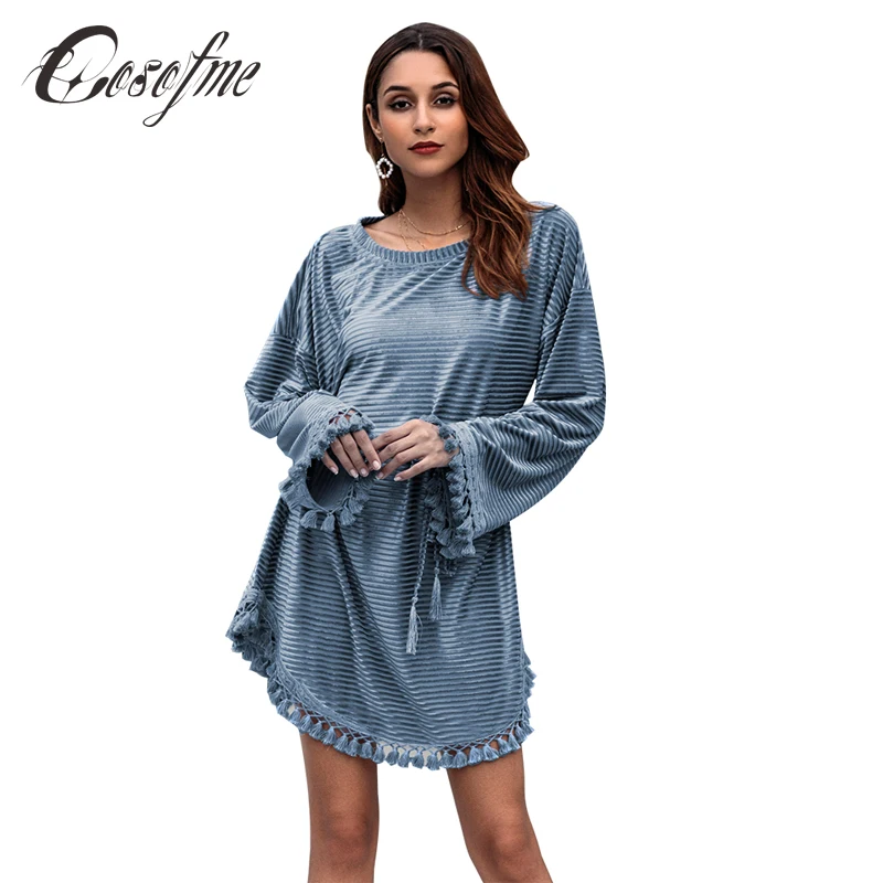Cosofme Новое поступление осень-зима платье однотонный длинный рукав круглый вырез